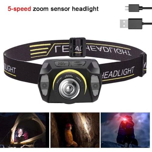 Outdoor USB rechargeable headlight portable zoomable sensor hunting light lamp 5 gears waterproof LED strong head light
