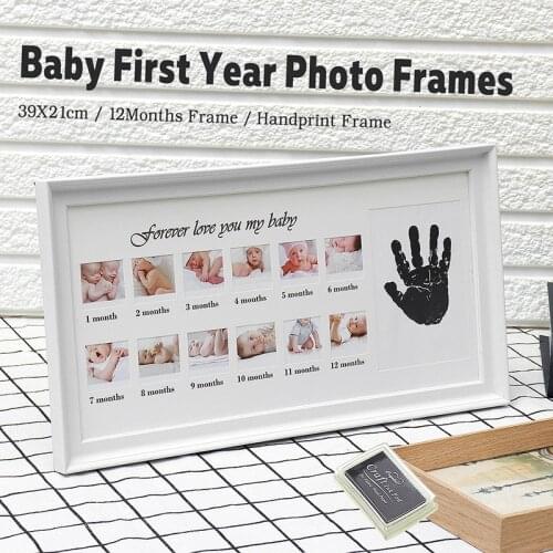 Newborn Baby Photo Frame 12 Month Growing Souvenir Photo Frame with Baby Handprint Footprint Ink Pad Imprint Baby Frame Souvenir