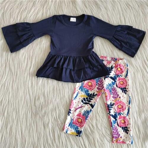 Wholesale Baby Girl Boutique Outfit Ruffle Long Sleeve Navy Blue Solid Color Shirt Flower Bell-bottomed Pants Set Kids Clothes