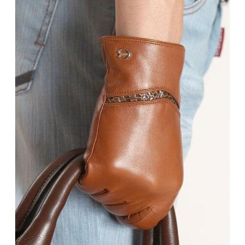 Real Leather Gloves Male Winter Plus Velvet Keep Warm Genuine Leather Sheepskin Driving Mans Gloves Light Tea Black EM010NCF-1