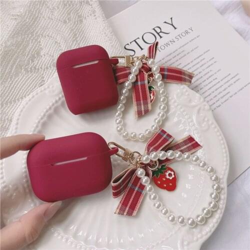 Cute Strawberry Pearl Keychain Decor Wine Red Silicone Earphone Case For Apple Airpods 1 2 Pro 3 Bluetooth Headset Cover Sweet