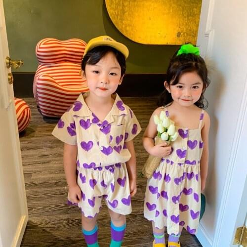 Family Matching Clothes Summer Toddler Girls Dress Sister Brother Clothes Outfits Heart Printed Baby Boys Girls Clothes Set