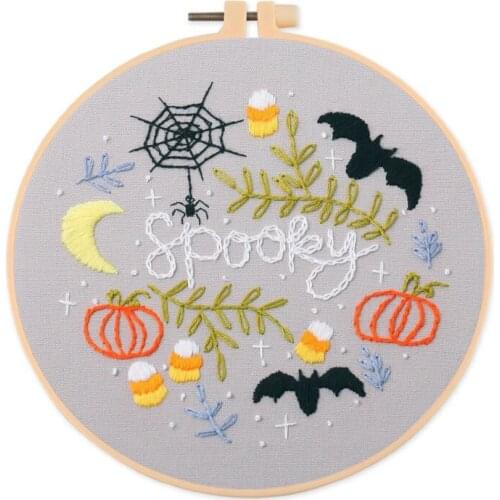 Embroidery Starter Kit Halloween Designs Patterns DIY Kit Craft Gift Embroidery Hoop and Materials Easy Handmade Embroidery (E)