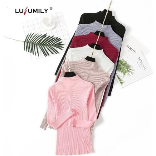 Lusumily Autumn Winter Half High Collar Solid Color Casual Sweater Womens Wear Popular Slim Long Sleeve Core Spun Yarn Knitted