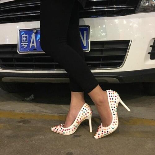 Luxury New Design Rivet Pumps High Heels Shallow Mouth Pointed Single Shoes Women Plus Size Red Bridal Wedding Shoes