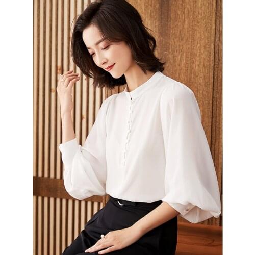 White Shirt Womens Long Sleeve 2021 Spring New Large Size Loose Lantern Sleeve Stand Collar Business Shirt Chiffon Top