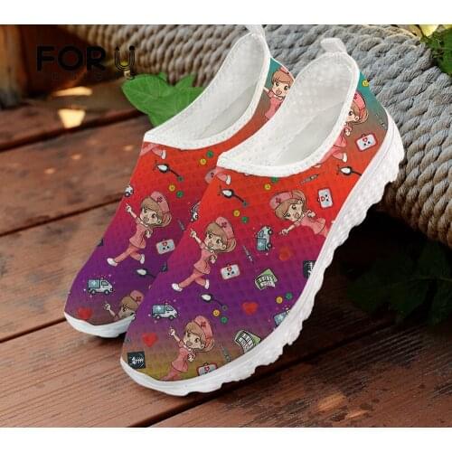 FORUDESIGNS Gradient Style Women Nurse Design Pattern Flats Shoes Casual Sneakers Summer Ladies Air Mesh Breathable Loafers 2021