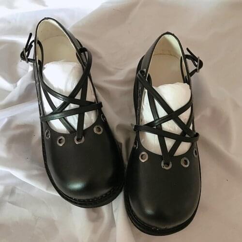 Rosetic Women Shoes Pentagram Gothic Thick Shoes Dark Black Harajuku Girl Cross Straps Big Head Doll Shoes Vintage Women Shoes