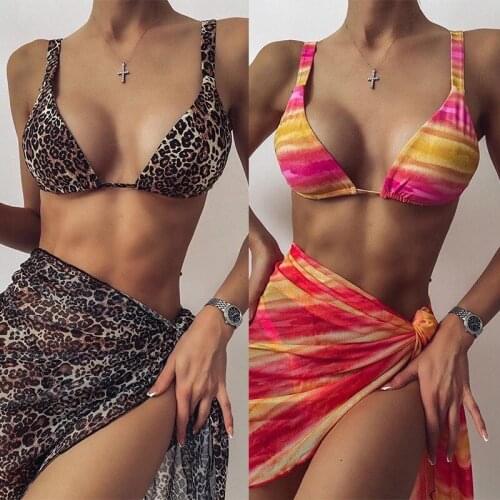 Womens Bikini 3 Piece Set Summer 2021 Separate Swimwear Sexy Beach Swimsuit Mesh Split Padded Color Striped Printed Feminine