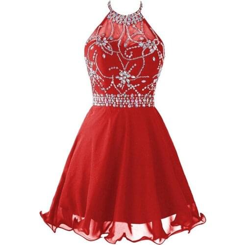 Halter Neck Beaded Homecoming Dresses A Line Short Evening Gowns Red Chiffon Robe De Soiree