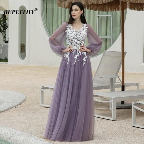 BEPEITHY Purple Tulle Evening Dress Long Party For Women White Flower Latern Full Sleeves Dubai Prom Gown Luxury Elegant 2020