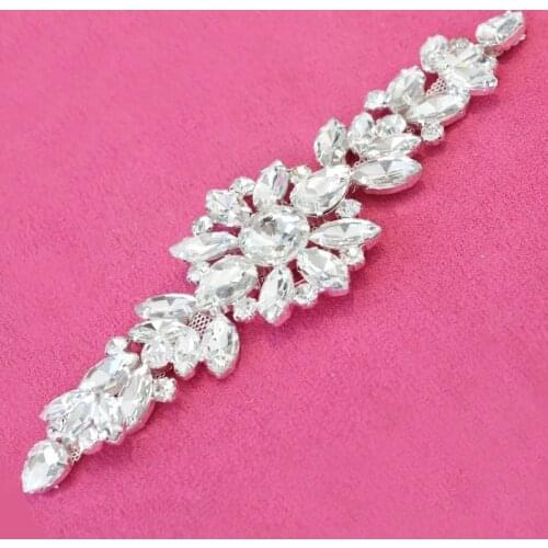18x5cm High Quality Glass Sew On Rhinestone Applique 1pcs Silver Base стразы Rhinestone Brooch Wedding Dress Decorations A113