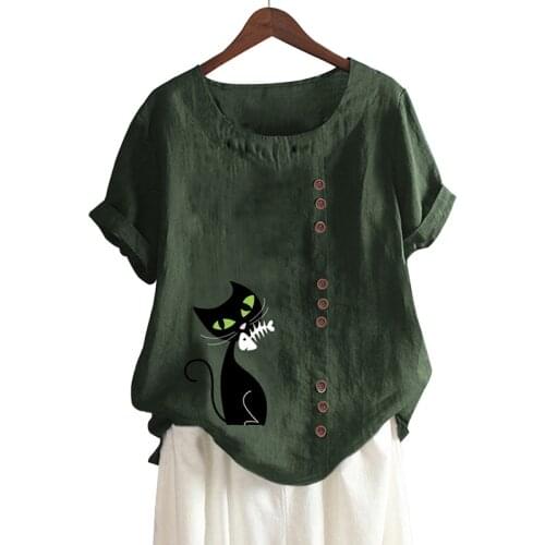 2021 Summer Cat Print Short Sleeve T-shirt Casual Loose O-neck Fashions Streetwear Ladies Plus Size Tops Oversized Tee Shirt