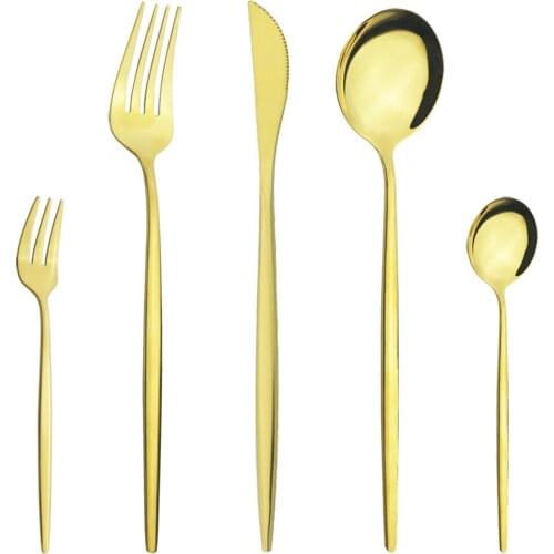 5Pcs Mirror Gold Dinnerware Cutlery Set Knife Cake Fruit Fork Coffee Tea Spoon Tableware Stainless Steel Flatware Silverware Set