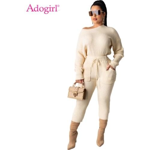 Adogirl Women Fashion Casual Sweater Two Piece Set O Neck Long Sleeve Loose Pullover Top Pencil Pants Knitted Ribbed Suits