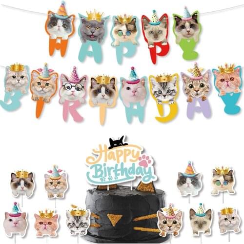 Cat Face Birthday Banner Cake Topper Black and White Meow Balloons Cat Theme Garland Photographic Party Supplies