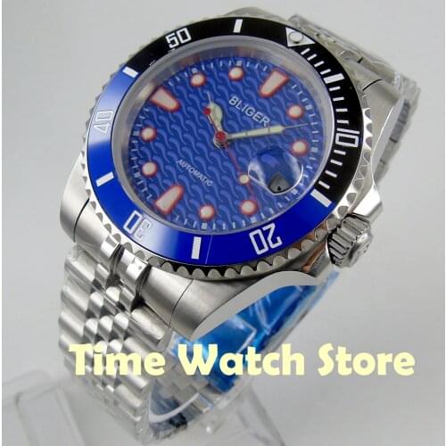 Bliger 40mm Miyota 8215 Automatic Mens watch sapphire glass green blue dial luminous ceramic black bezel Jubilee bracelet