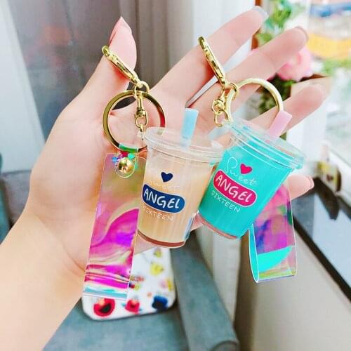 2021 Cute Creative Milk Tea Cup Keychain Liquid Crystal Quicksand Glitter wristband Key Ring Car Bag Pendant for Women Bag D566