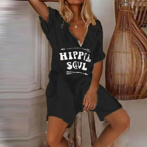 Women Jumpsuits Summer V Neck Short Sleeve Buttons Pockets Letter Print HIPPIE SOUL Jumpsuit Playsuit Sexy Casual Romper Overall