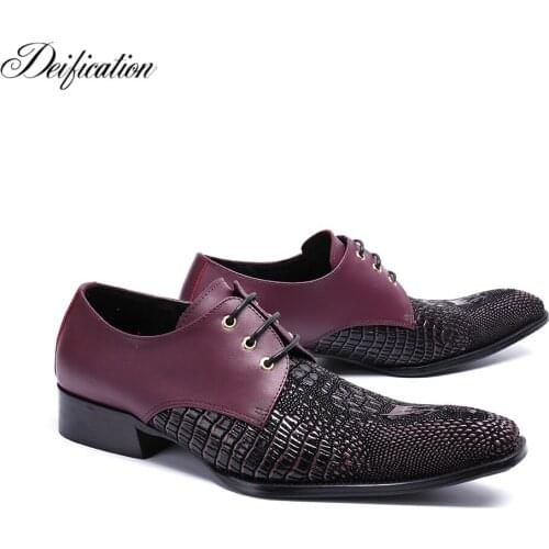 Deification Black Wine Pointy Toe Mens Formal Shoes Lace Up Casual Oxfords 2018 Genuine Leather Mens Wedding Shoes Plus Size 47