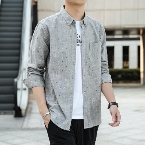 Men Long Shirt New 2021 Student Youth Fashion Daily Spring and Autumn Casual Shirts Print Men Clothing Pink Gray Shirts Men