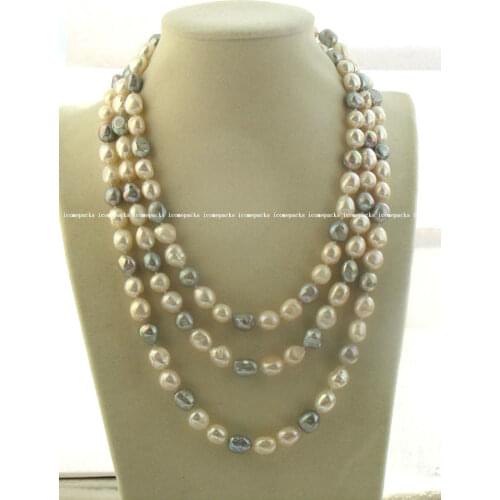 Natural freshwater pearl white gray baroque nature necklace 60"9-10mm