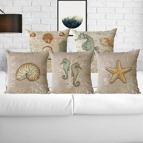 Mediterranean Style Cushion Cover Blue Sea Plants Throw Pillow Case Decorative Beach Hippocampu And shell