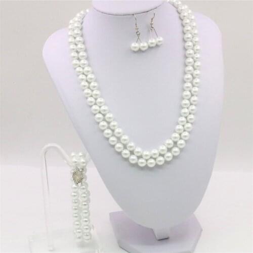 2Rows 8mm 17-18inch Round White Shell Imitation Pearl Necklace Bracelet Earring Women Jewelry Sets Accessory Jewelry Gift Y104
