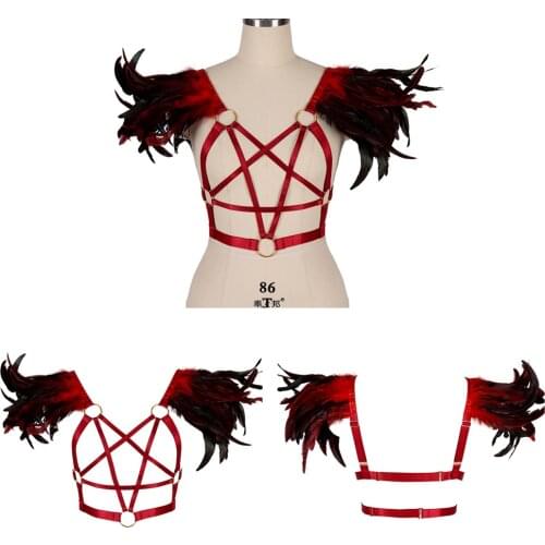 Pentagram Feather Accessories Harness Fashion Punk Gothic Clothing Womens Stockings Elastic Bondage Suspender Belt