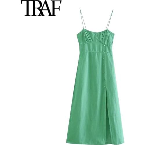 TRAF Women Fashion With Covered Buttons Front Slit Midi Dress Vintage Backless Zipper Thin Straps Female Dresses Mujer