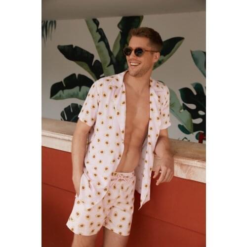 Powder Color Avocado Print Men Regular Fit Topper Collar Short Sleeve Shirt Spring/Summer Men Casual Street Beachwear