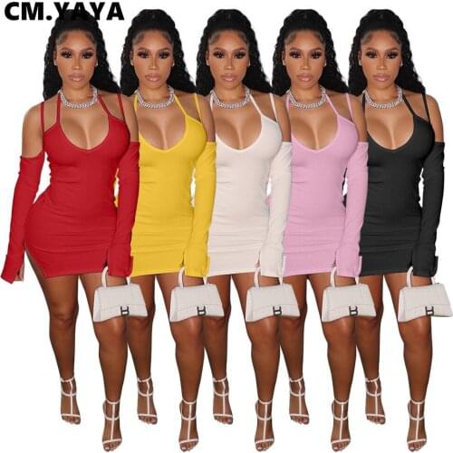 CM.YAYA Sexy Mini Dress Solid Full Sleeve Spaghetti Strap Halter V-neck Sheath Elastic Dresses Female High Street Party Dress