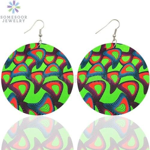 SOMESOOR Afro Fabric Bohemian Wooden Drop Earrings Both Sides Printed Vintage Women Loops Dangle Jewelry For Christmas Gifts