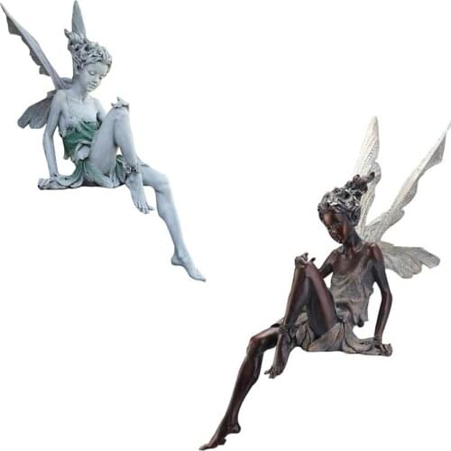 Flower Fairy Statue Angel Wings Garden Ornament Art Sculpture Sitting Figurines Resin Craft Landscaping Home Decoration Outdoor