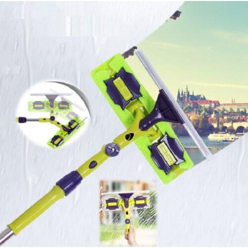 Glass Cleaning Tool Double-Sided Telescopic Rod Window Cleaner Squeegee Wiper Long Handle Rotating Head Brush Silicone Scrubbe