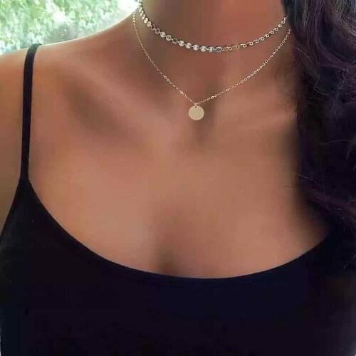 SUQI Stainless Steel Sterling Coins Gold Silver Color Double Chain Choker Necklace Pendant Rock Punk Fashion Jewelry Party Gift