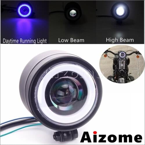 Universal Motorcycle LED Headlight Cafe Racer Vintage Head Lamp Hi/Lo Beam Blue Runing Head Light For Harley Chopper Bobber BMW