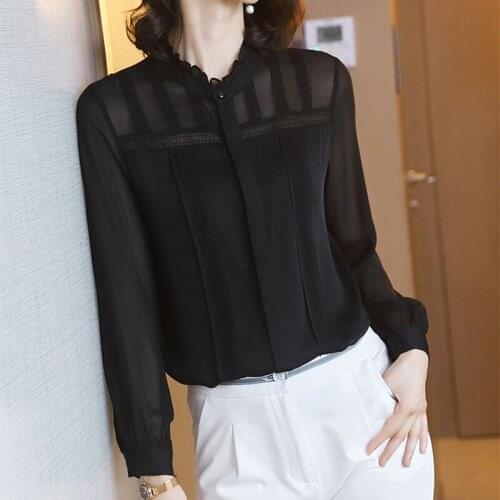 Fashion Chiffon Shirts Female 2020 new Spring Summer Elegant Lace Long Sleeve office Shirt Top For Women OL BLACK Blouse m367