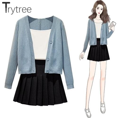 Trytree 2020 Autumn Winter Three piece Women Sets Solid Short Cardigan + Vest + High Waist Pleated Mini Skirt Casual 3 Piece Set