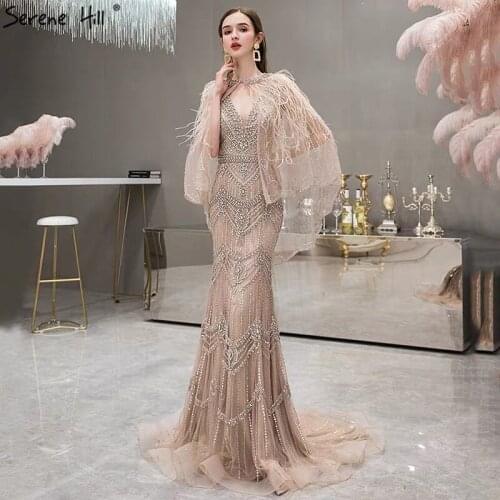Serene Hill Luxury Silver Nude V-Neck Mermaid Evening Dress 2020 Sleeveless Shawl Yarn Feathers Sexy Formal Party Gown CLA70171