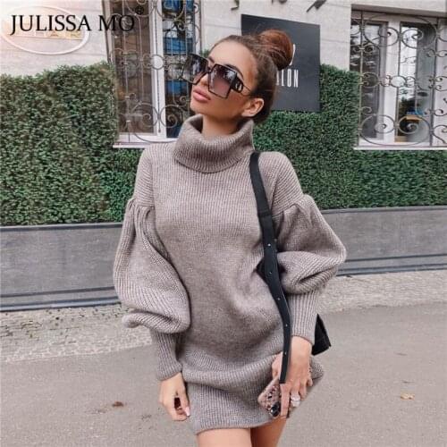Julissa Mo Winter Knitted Purple Sweater Dress Women Turtleneck Lantern Sleeve Mini Dresses Elegant Ladies Christmas Vestidos