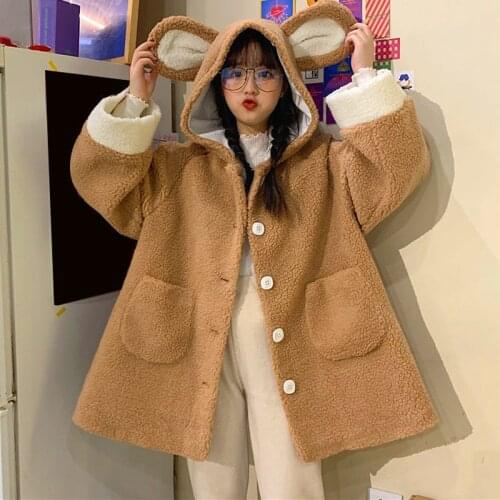 Winter Kawaii jacket female cute bear ears Harajuku button lamb wool long-sleeved coat Korean vintage casual Oversize outerwear