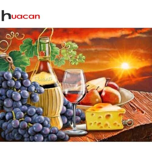 Huacan 5d Diy Diamond Painting Fruit Grape Wall Stickers Diamond Embroidery Sunset Wine Cup Home Decor Diamond Art