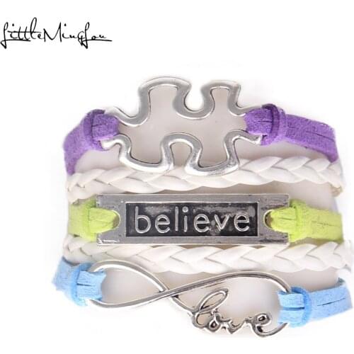 Little MingLou Infinity Love believe Autism Awareness Bracelet Rhinestone Puzzle Piece Charm wrap bracelets & bangles for women