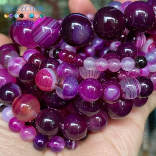4/6/8/10/12mm Natural Stone Beads Fuchsia Stripe Agates Round Spacer Beads For Jewelry Making DIY Bracelets Accessories 15"