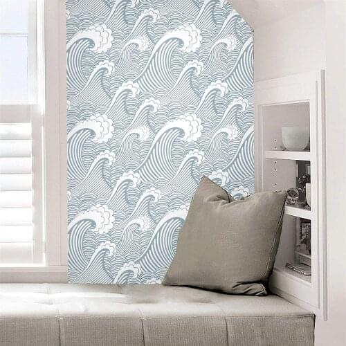 Home Peel and Stick Wallpaper Handpainting Seamless Spray Self-Adhesive Blue White Waves Prepasted Wallpaper Wall Mural
