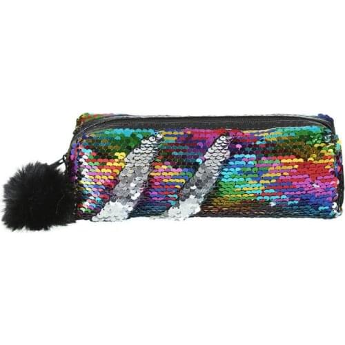 Reversible Sequins Hairball Pencil Case Fashion Large Pencil Bags School Supplies Stationery Gift Zipper Pencil Bag