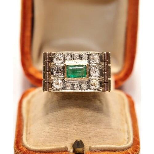 ANTIQUE VICTORIA TIME 14K GOLD NATURAL DIAMOND AND EMERALD KNIGHT STYLE RING