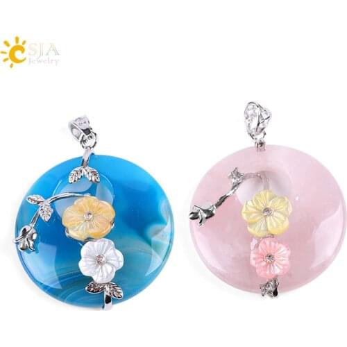 CSJA Natural Chakra Raw Gem Stone Pendants Rose Flower Shell Wrap Beads Pink Quartz Purple Veins Onyx White Crystal Jewelry E687