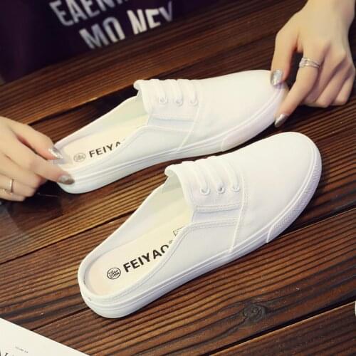 Half-drag Canvas Shoes Female White Couple Slippers No Heel Wear Baotou Lazy Shoes Drag Pregnant Women Wild